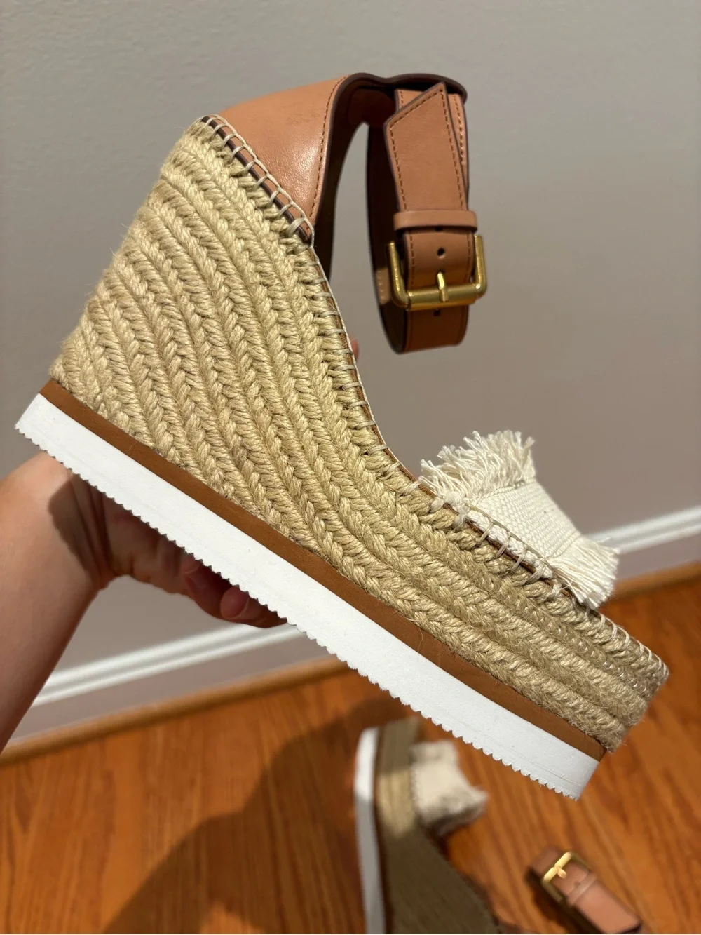 New See by Chloé Glyn Leather & Canvas Platform Espadrille Wedge Sandals Sz 38